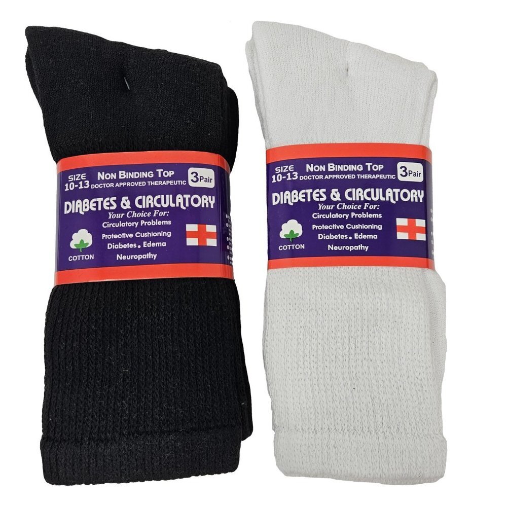 Bundle of 6 Pairs of Diabetic Socks, Black and White, Size 10-13